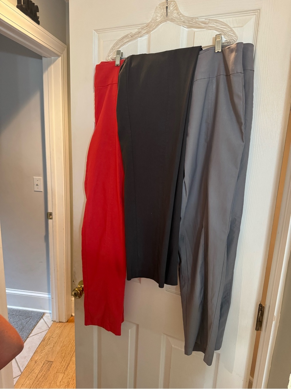 New Directions Women's Trousers Trio in Coral/Red, Dark and Light Gray